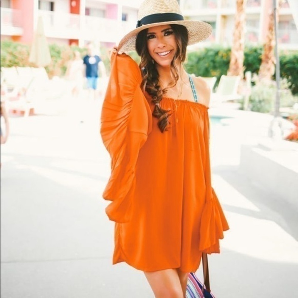 Blu Pepper Off Shoulders/Bell Peach Orange Sleeves Mini Dress Size Small - Picture 11 of 11